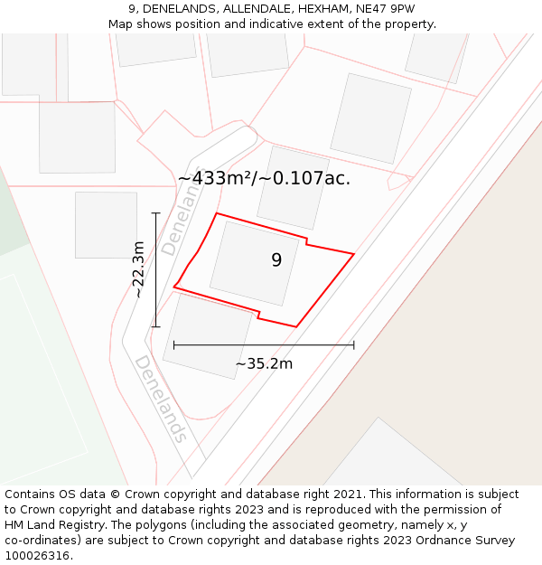 9, DENELANDS, ALLENDALE, HEXHAM, NE47 9PW: Plot and title map