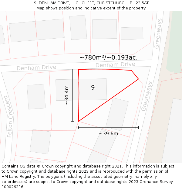 9, DENHAM DRIVE, HIGHCLIFFE, CHRISTCHURCH, BH23 5AT: Plot and title map