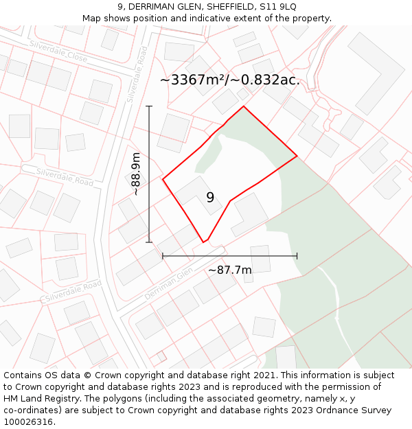 9, DERRIMAN GLEN, SHEFFIELD, S11 9LQ: Plot and title map