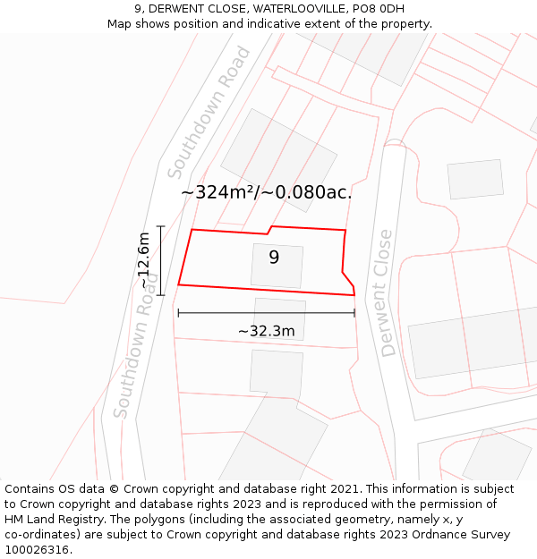 9, DERWENT CLOSE, WATERLOOVILLE, PO8 0DH: Plot and title map