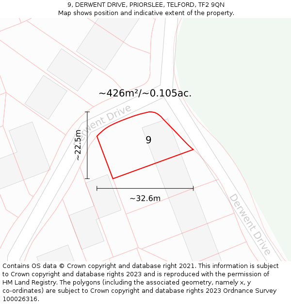 9, DERWENT DRIVE, PRIORSLEE, TELFORD, TF2 9QN: Plot and title map