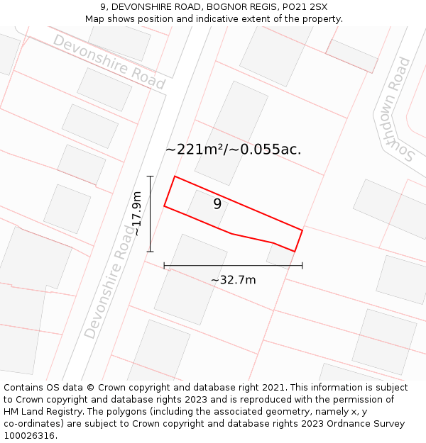 9, DEVONSHIRE ROAD, BOGNOR REGIS, PO21 2SX: Plot and title map