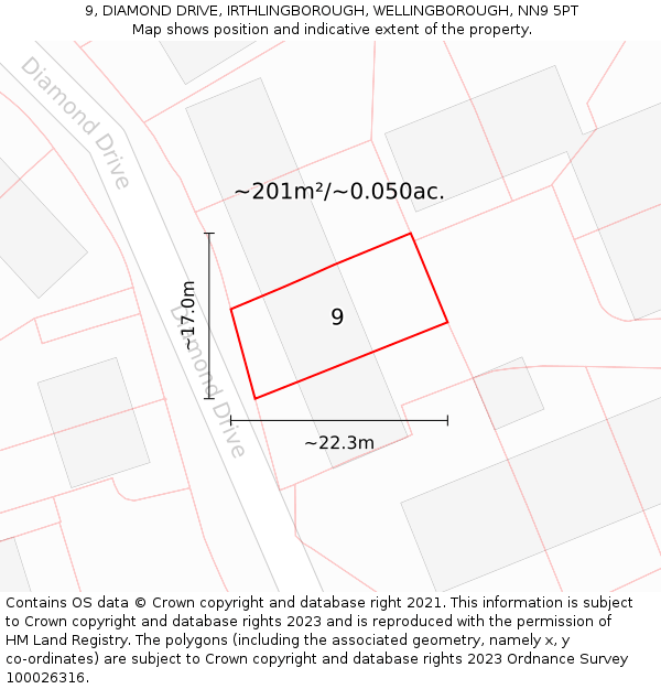 9, DIAMOND DRIVE, IRTHLINGBOROUGH, WELLINGBOROUGH, NN9 5PT: Plot and title map