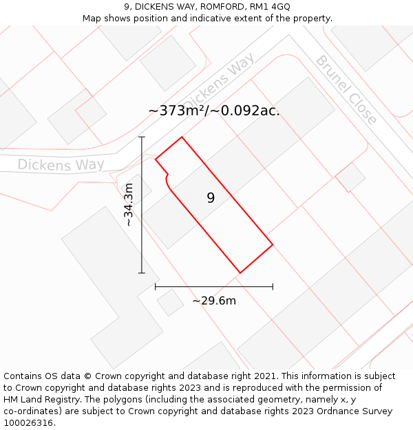 9, DICKENS WAY, ROMFORD, RM1 4GQ: Plot and title map