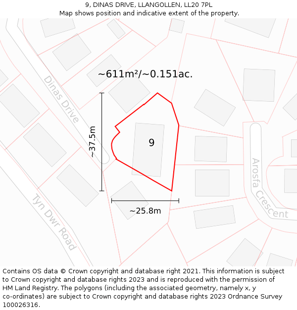 9, DINAS DRIVE, LLANGOLLEN, LL20 7PL: Plot and title map