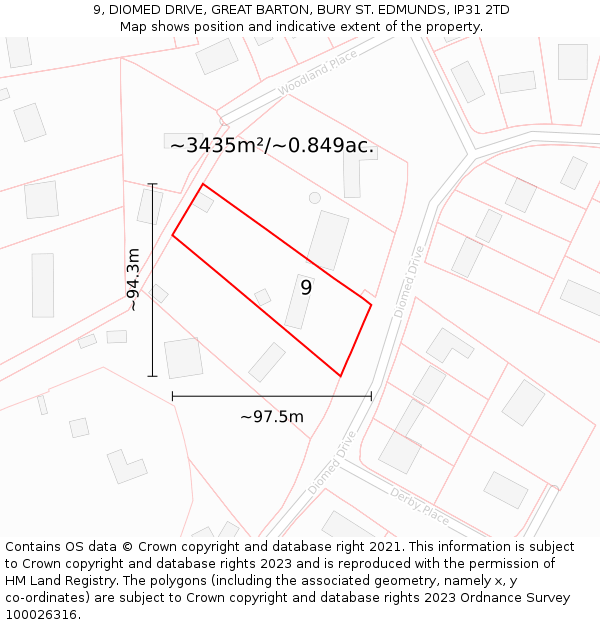 9, DIOMED DRIVE, GREAT BARTON, BURY ST. EDMUNDS, IP31 2TD: Plot and title map