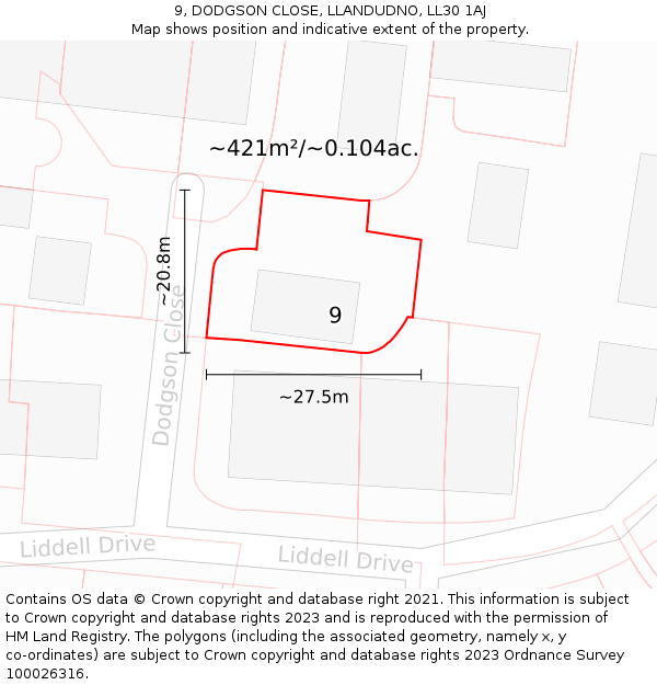 9, DODGSON CLOSE, LLANDUDNO, LL30 1AJ: Plot and title map