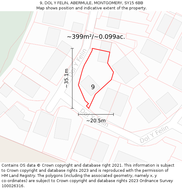 9, DOL Y FELIN, ABERMULE, MONTGOMERY, SY15 6BB: Plot and title map