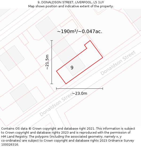 9, DONALDSON STREET, LIVERPOOL, L5 1UY: Plot and title map