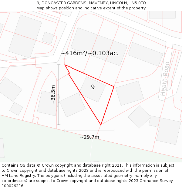 9, DONCASTER GARDENS, NAVENBY, LINCOLN, LN5 0TQ: Plot and title map