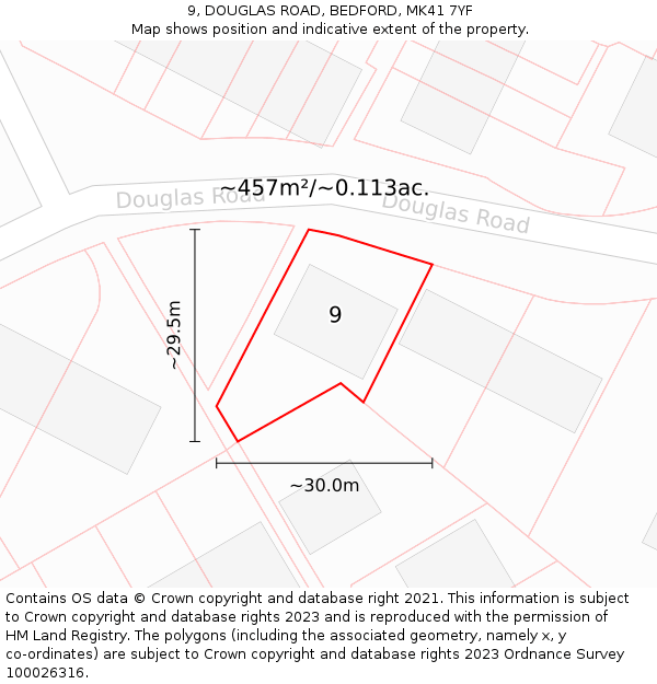 9, DOUGLAS ROAD, BEDFORD, MK41 7YF: Plot and title map