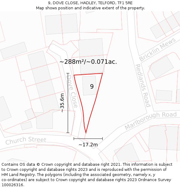 9, DOVE CLOSE, HADLEY, TELFORD, TF1 5RE: Plot and title map