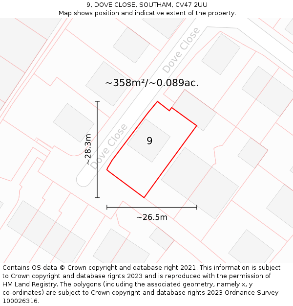 9, DOVE CLOSE, SOUTHAM, CV47 2UU: Plot and title map