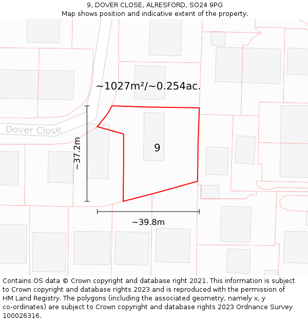9, DOVER CLOSE, ALRESFORD, SO24 9PG: Plot and title map