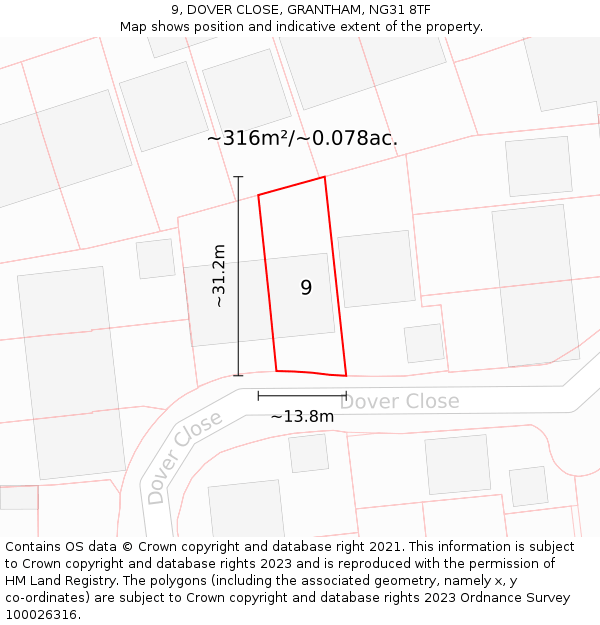 9, DOVER CLOSE, GRANTHAM, NG31 8TF: Plot and title map