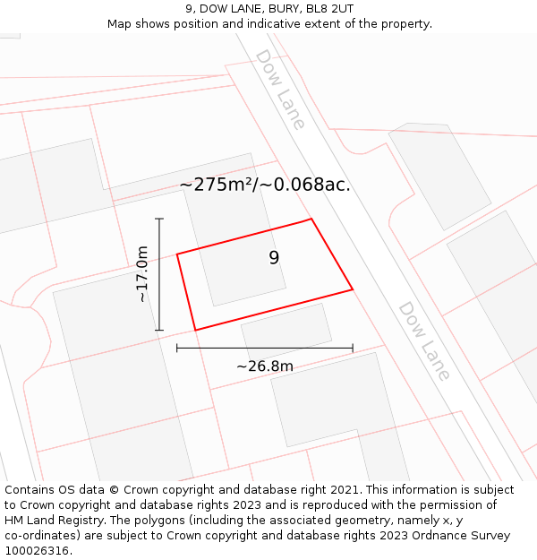 9, DOW LANE, BURY, BL8 2UT: Plot and title map