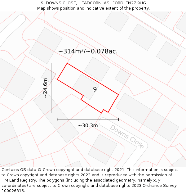 9, DOWNS CLOSE, HEADCORN, ASHFORD, TN27 9UG: Plot and title map