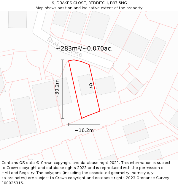 9, DRAKES CLOSE, REDDITCH, B97 5NG: Plot and title map