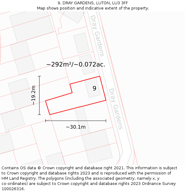 9, DRAY GARDENS, LUTON, LU3 3FF: Plot and title map