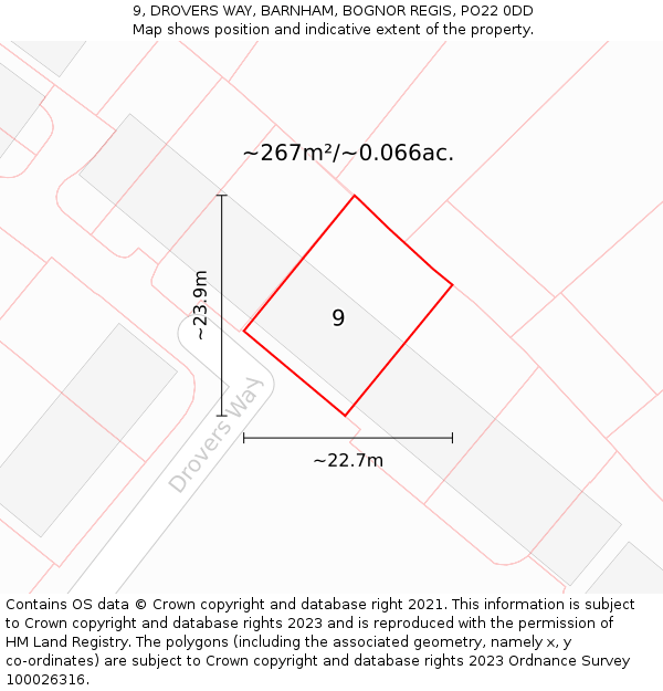9, DROVERS WAY, BARNHAM, BOGNOR REGIS, PO22 0DD: Plot and title map