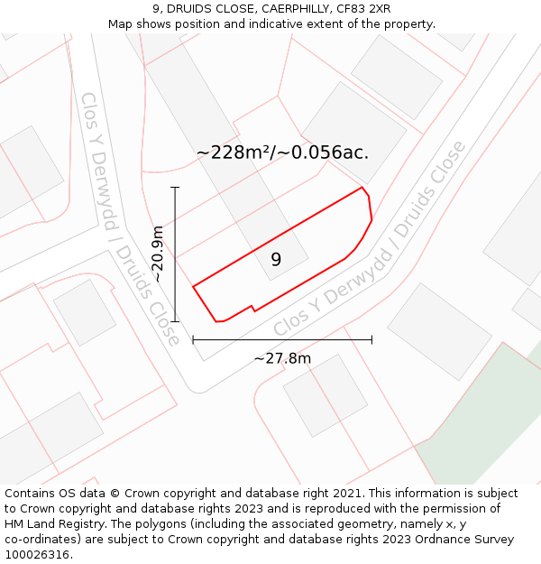 9, DRUIDS CLOSE, CAERPHILLY, CF83 2XR: Plot and title map