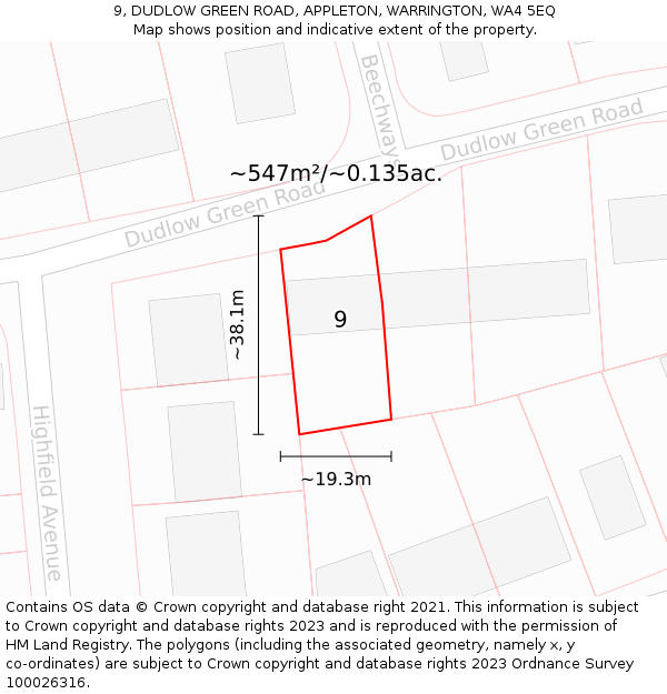 9, DUDLOW GREEN ROAD, APPLETON, WARRINGTON, WA4 5EQ: Plot and title map