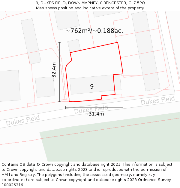 9, DUKES FIELD, DOWN AMPNEY, CIRENCESTER, GL7 5PQ: Plot and title map