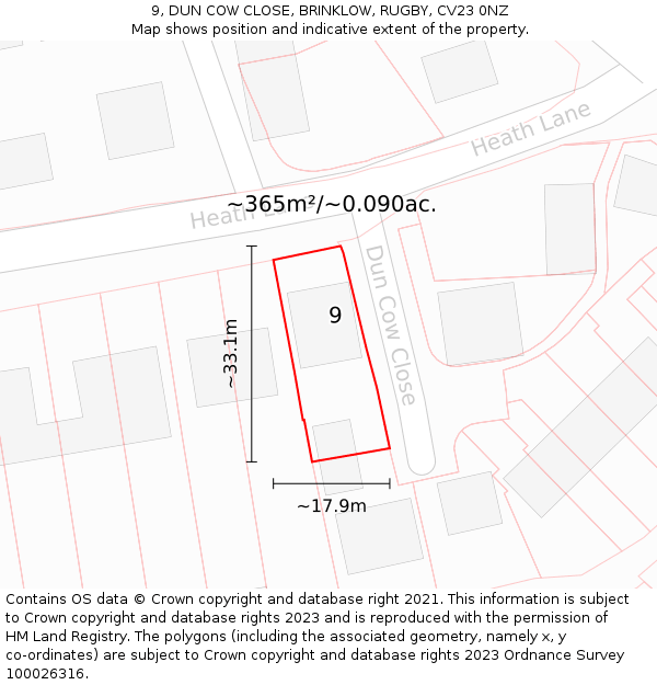 9, DUN COW CLOSE, BRINKLOW, RUGBY, CV23 0NZ: Plot and title map