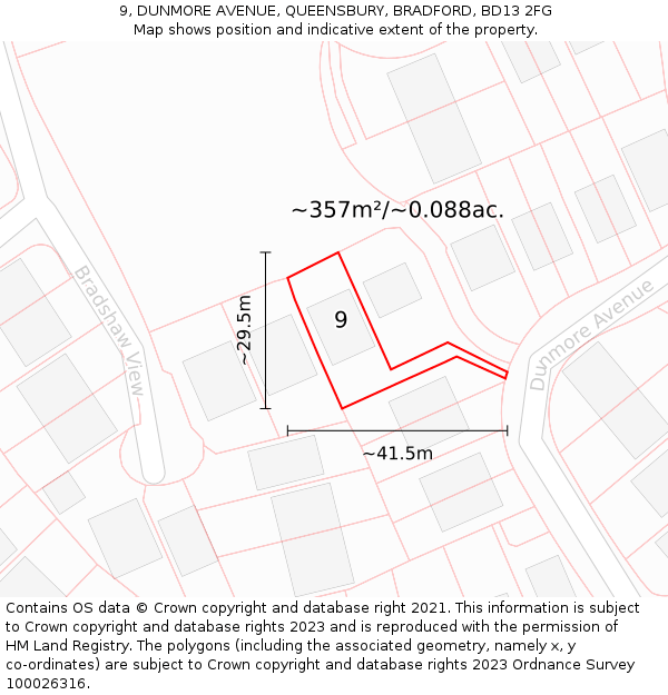 9, DUNMORE AVENUE, QUEENSBURY, BRADFORD, BD13 2FG: Plot and title map