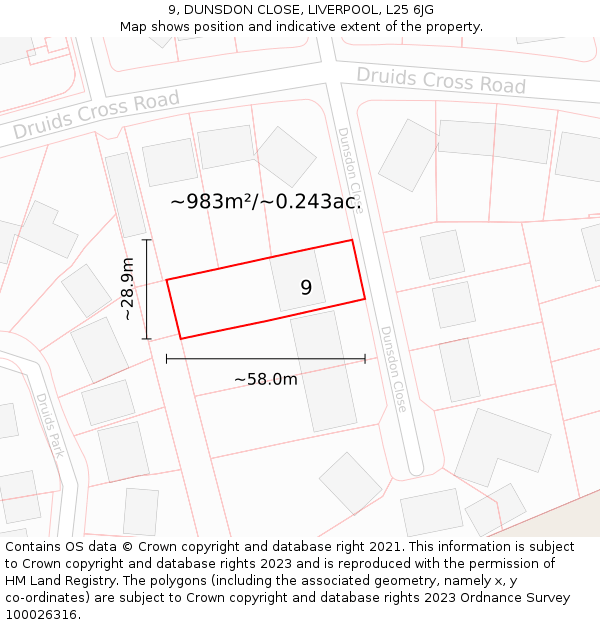 9, DUNSDON CLOSE, LIVERPOOL, L25 6JG: Plot and title map