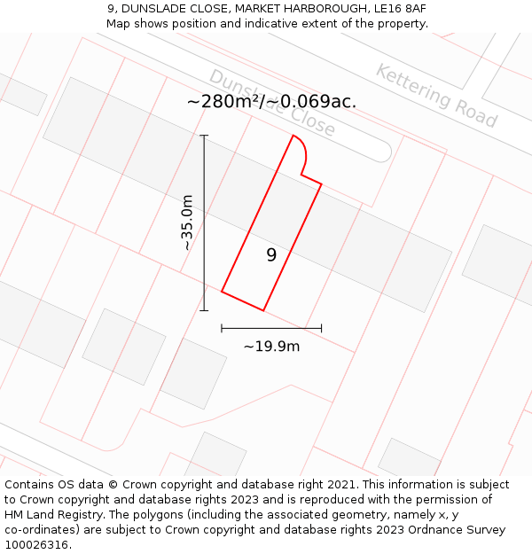 9, DUNSLADE CLOSE, MARKET HARBOROUGH, LE16 8AF: Plot and title map