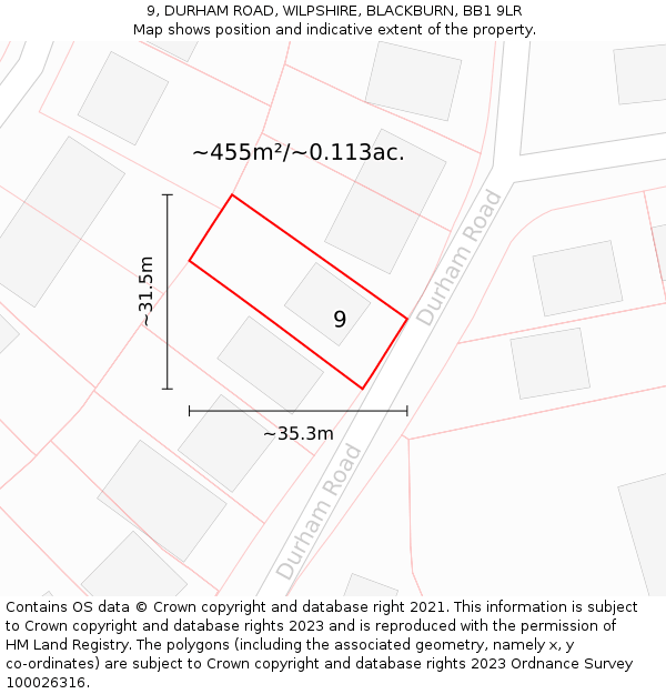 9, DURHAM ROAD, WILPSHIRE, BLACKBURN, BB1 9LR: Plot and title map