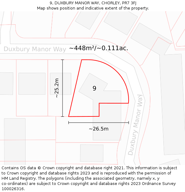 9, DUXBURY MANOR WAY, CHORLEY, PR7 3FJ: Plot and title map