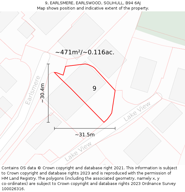 9, EARLSMERE, EARLSWOOD, SOLIHULL, B94 6AJ: Plot and title map