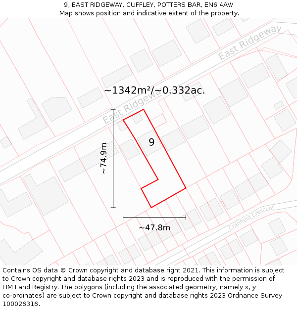 9, EAST RIDGEWAY, CUFFLEY, POTTERS BAR, EN6 4AW: Plot and title map