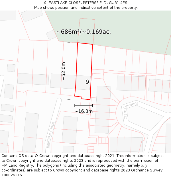 9, EASTLAKE CLOSE, PETERSFIELD, GU31 4ES: Plot and title map