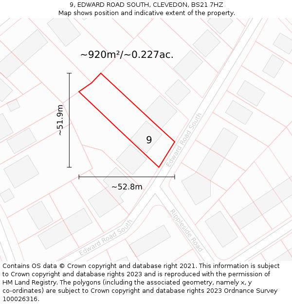 9, EDWARD ROAD SOUTH, CLEVEDON, BS21 7HZ: Plot and title map