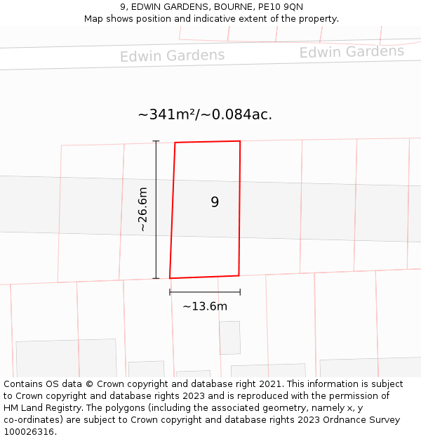 9, EDWIN GARDENS, BOURNE, PE10 9QN: Plot and title map