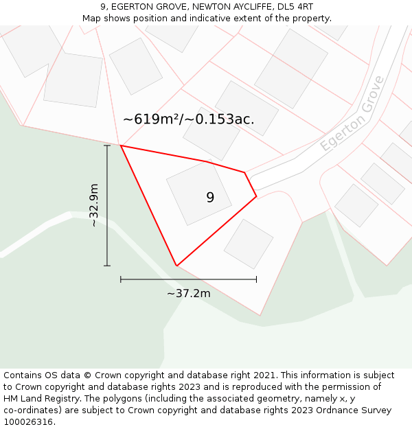 9, EGERTON GROVE, NEWTON AYCLIFFE, DL5 4RT: Plot and title map