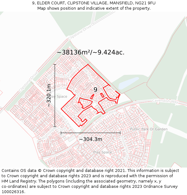 9, ELDER COURT, CLIPSTONE VILLAGE, MANSFIELD, NG21 9FU: Plot and title map