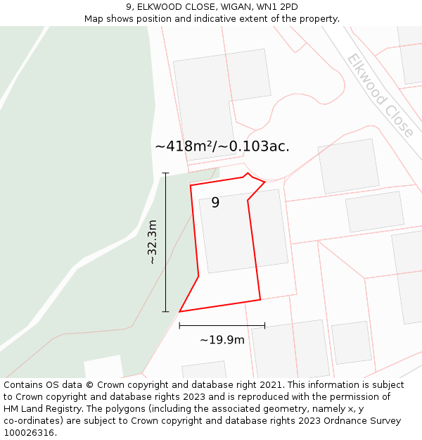 9, ELKWOOD CLOSE, WIGAN, WN1 2PD: Plot and title map