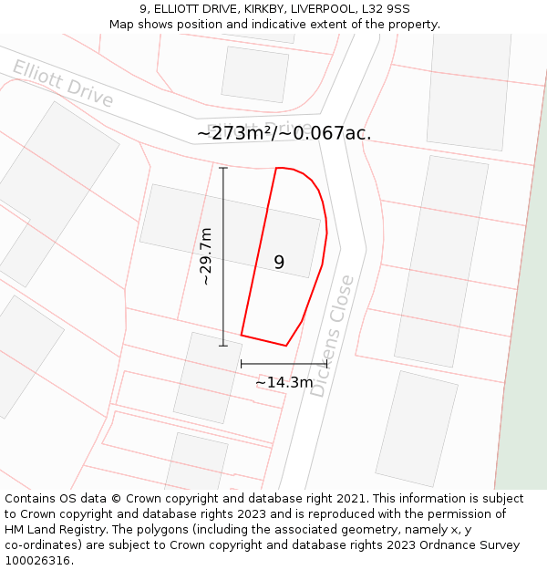 9, ELLIOTT DRIVE, KIRKBY, LIVERPOOL, L32 9SS: Plot and title map