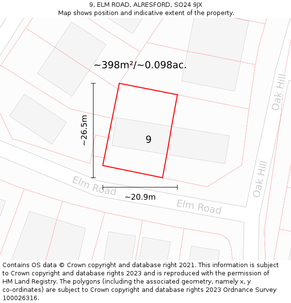 9, ELM ROAD, ALRESFORD, SO24 9JX: Plot and title map