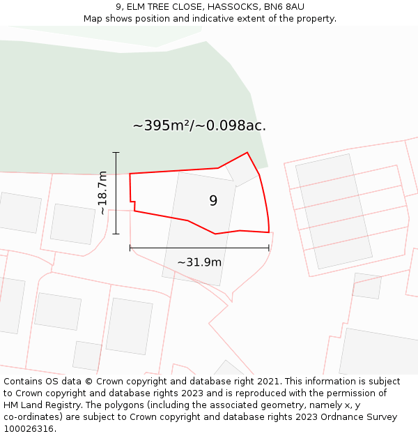 9, ELM TREE CLOSE, HASSOCKS, BN6 8AU: Plot and title map