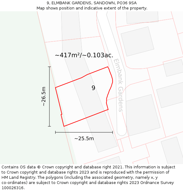 9, ELMBANK GARDENS, SANDOWN, PO36 9SA: Plot and title map