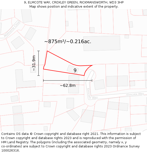 9, ELMCOTE WAY, CROXLEY GREEN, RICKMANSWORTH, WD3 3HP: Plot and title map