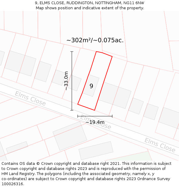 9, ELMS CLOSE, RUDDINGTON, NOTTINGHAM, NG11 6NW: Plot and title map