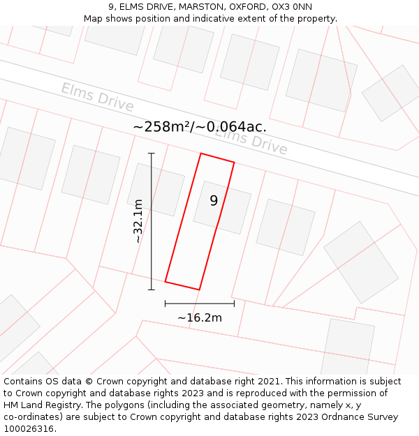 9, ELMS DRIVE, MARSTON, OXFORD, OX3 0NN: Plot and title map