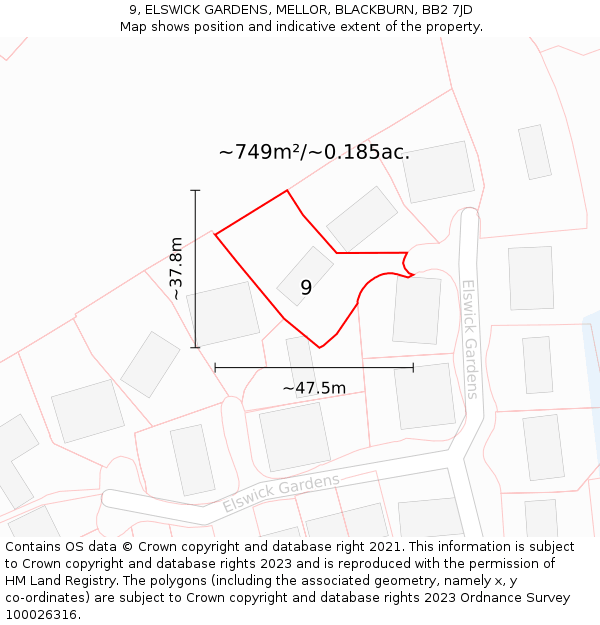 9, ELSWICK GARDENS, MELLOR, BLACKBURN, BB2 7JD: Plot and title map