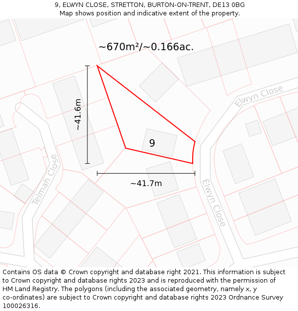 9, ELWYN CLOSE, STRETTON, BURTON-ON-TRENT, DE13 0BG: Plot and title map